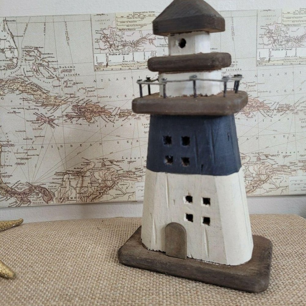 Small Decorative Wood Lighthouse Coastal Decor Rustic Distressed Lightwe…